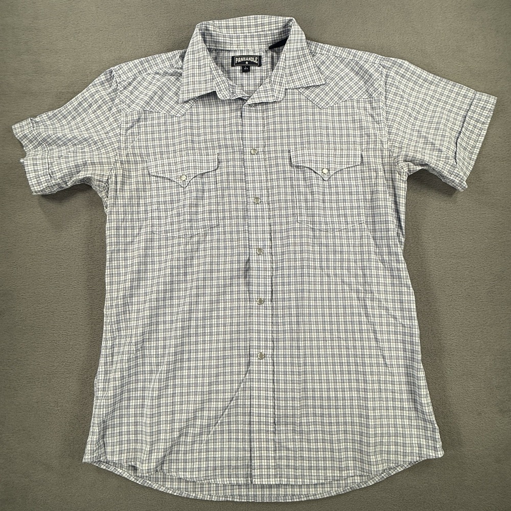 Panhandle Slim Shirt Mens Large Blue Plaid Short Sleeve Western Pearl Snap Texas